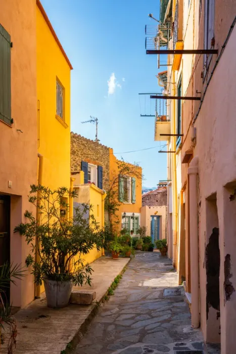 Framed Print : Traditional village street with colorful houses, Collioure, Pyrenees Orientales, France, Europe Framed Print : Traditional village street with colorful houses, Collioure, Pyrenees Orientales, France, Europe