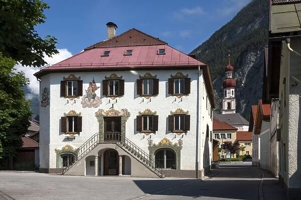 Traditional wall decoration, Town Hall and Church, Nassereith, Ferne Pass, Austria, Europe