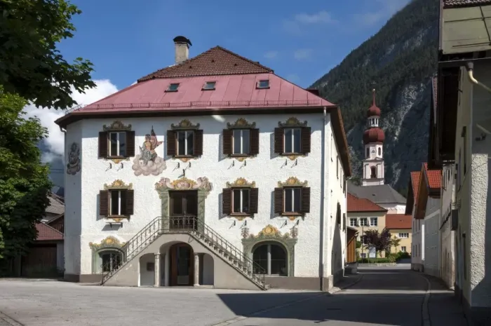 Framed Print : Traditional wall decoration, Town Hall and Church, Nassereith, Ferne Pass, Austria, Europe Framed Print : Traditional wall decoration, Town Hall and Church, Nassereith, Ferne Pass, Austria, Europe