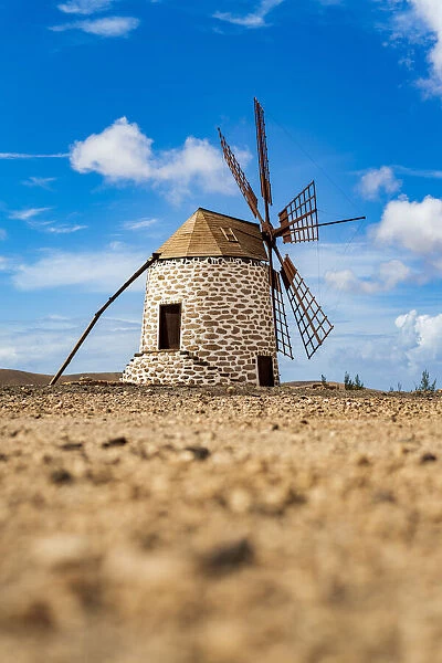 Traditional windmill in the rural landscape of Tefia, Fuerteventura, Canary Islands