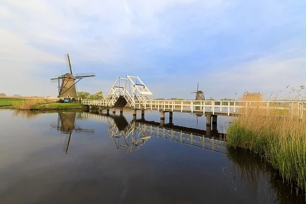 Traditional windmills and bridge on the canal framed by sunrise, Kinderdijk, UNESCO