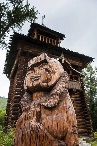 Traditional wood carving in the Ewenen Museum in Esso, Kamchatka, Russia, Eurasia
