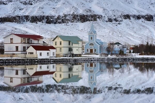 Traditional wooden church, built in 1922, at Seydisfjordur, a town founded in 1895 by a Norwegian fishing company, now main ferry port to and from Europe in the East Fjords, Iceland