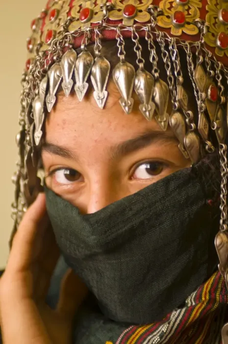 Framed Print : Traditionally dressed young girl behind a veil, Ashgabad, Turkmenistan Framed Print : Traditionally dressed young girl behind a veil, Ashgabad, Turkmenistan