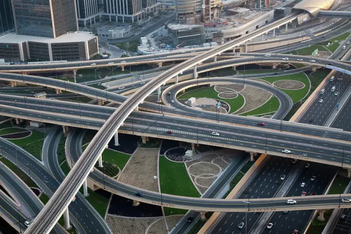 Framed Print : Traffic on a busy intersection on Sheikh Zayed highway, Dubai, United Arab Emirates