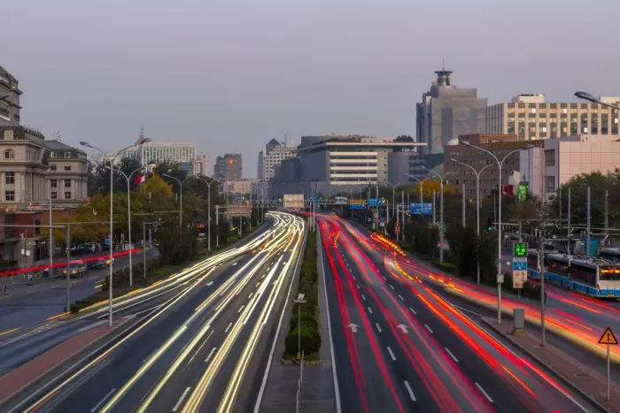 Framed Print : Traffic trail lights on major road near Beijing Zoo at dusk, Beijing, People s Framed Print : Traffic trail lights on major road near Beijing Zoo at dusk, Beijing, People s