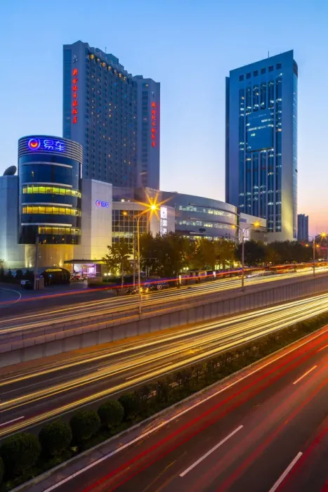 Framed Print : Traffic trail lights on major road near Beijing Zoo at dusk, Beijing, People s