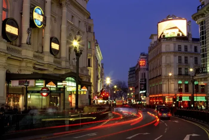 Framed Print : Traffic trails and theatre signs at night near Piccadilly Circus, London Framed Print : Traffic trails and theatre signs at night near Piccadilly Circus, London