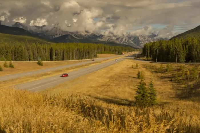 Framed Print : Traffic on Trans Canada Highway 1, Canadian Rockies, Banff National Park, UNESCO Framed Print : Traffic on Trans Canada Highway 1, Canadian Rockies, Banff National Park, UNESCO