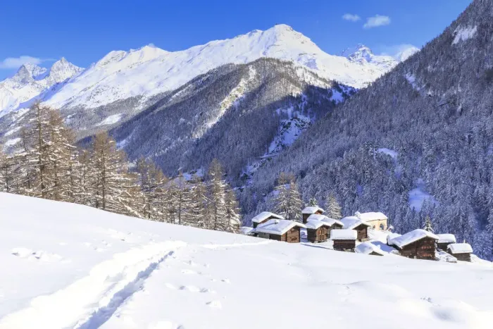 Framed Print : A trail in the snow leads to the traditional huts of Blatten, Zermatt, Canton of Valais (Wallis) Framed Print : A trail in the snow leads to the traditional huts of Blatten, Zermatt, Canton of Valais (Wallis)
