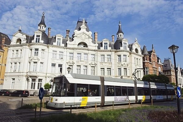 Tram and art deco architecture, Antwerp, Flanders, Belgium, Europe