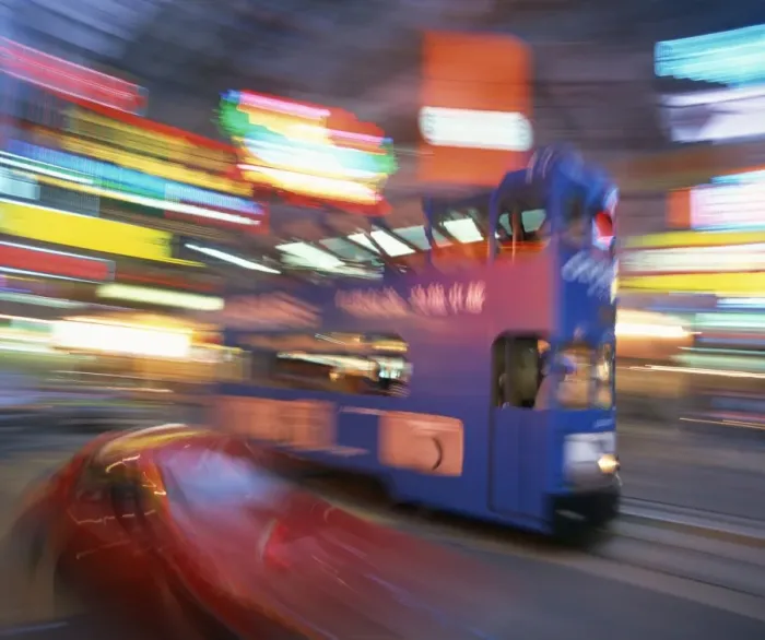 Framed Print : Tram in blurred motion at dusk, Causeway Bay, Hong Kong, China, Asia Framed Print : Tram in blurred motion at dusk, Causeway Bay, Hong Kong, China, Asia