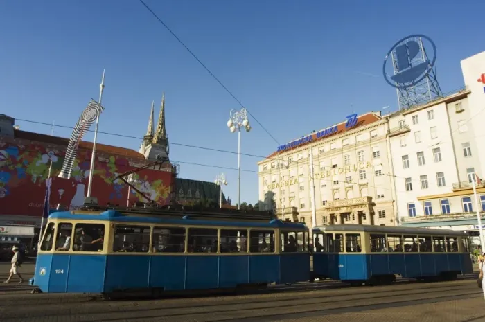Framed Print : Tram in city centre square, Zagreb, Croatia, Europe Framed Print : Tram in city centre square, Zagreb, Croatia, Europe
