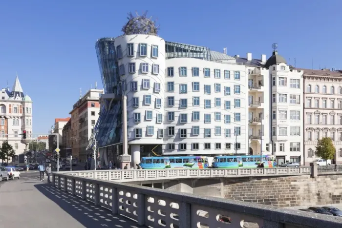 Framed Print : Tram in front of the Dancing House (Ginger and Fred) by Frank Gehry, Prague, Bohemia, Czech Republic, Europe Framed Print : Tram in front of the Dancing House (Ginger and Fred) by Frank Gehry, Prague, Bohemia, Czech Republic, Europe