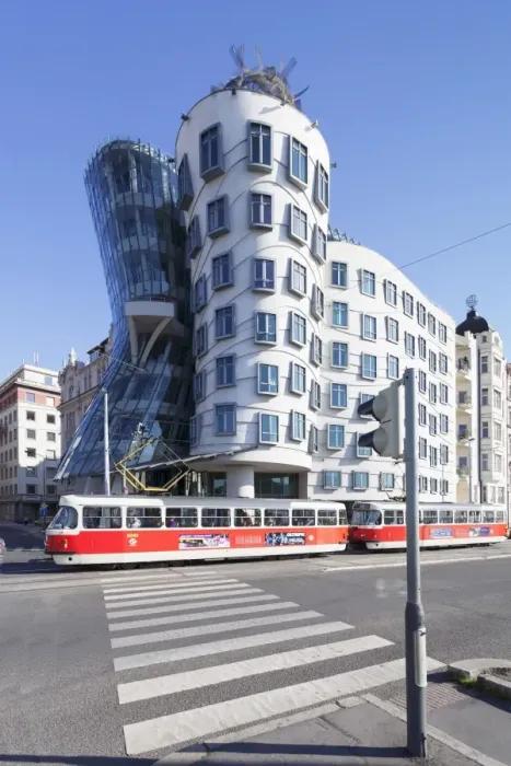 Framed Print : Tram in front of the Dancing House (Ginger and Fred) by Frank Gehry, Prague, Bohemia, Czech Republic, Europe Framed Print : Tram in front of the Dancing House (Ginger and Fred) by Frank Gehry, Prague, Bohemia, Czech Republic, Europe