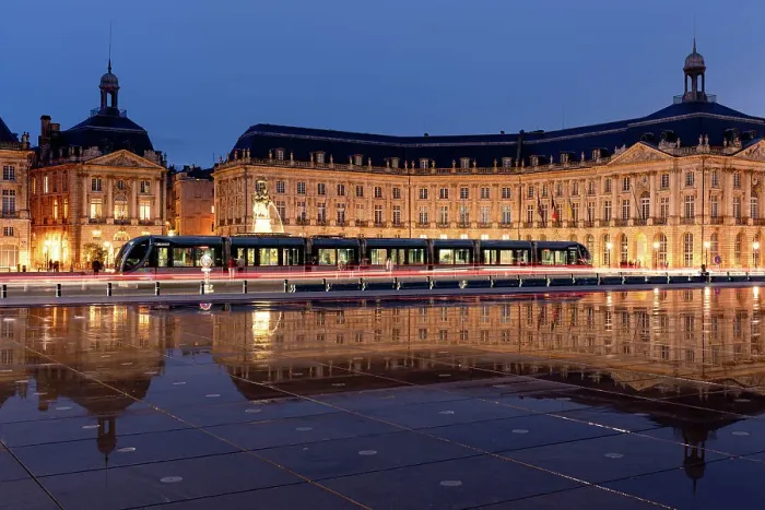 Framed Print : Tram at the Miroir D'Eau, Place de la Bourse at blue hour, Bordeaux, Gironde, Aquitaine, France, Europe Framed Print : Tram at the Miroir D'Eau, Place de la Bourse at blue hour, Bordeaux, Gironde, Aquitaine, France, Europe