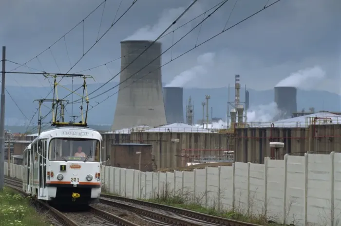 Framed Print : A tram passing a petrochemical plant near Most, North Bohemia, Czech Republic, Europe Framed Print : A tram passing a petrochemical plant near Most, North Bohemia, Czech Republic, Europe