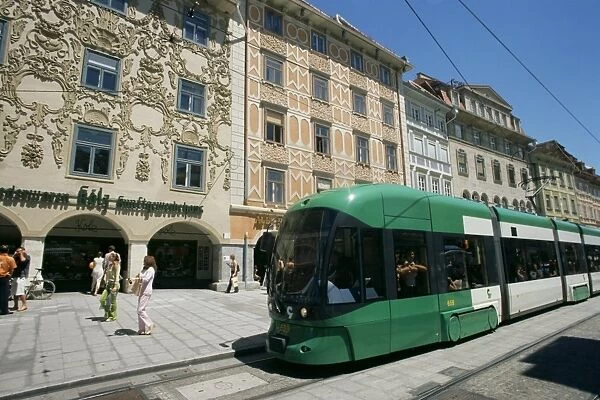 Trams run along Herrengasse, stop at Hauptplatz in main street of old town