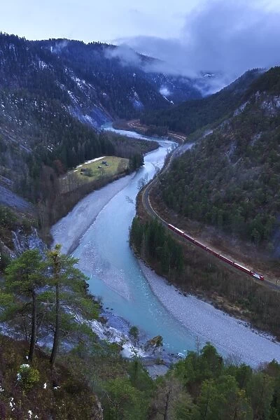 Transit of the Red Train in the gorge, Rhein Gorge (Ruinaulta), Flims, Imboden, Graubunden