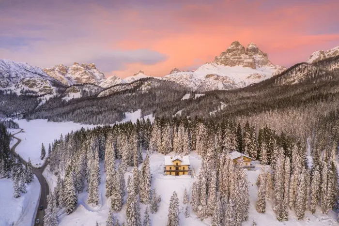 Framed Print : Tre Cime di Lavaredo and woods covered with snow during a winter sunset, Misurina Framed Print : Tre Cime di Lavaredo and woods covered with snow during a winter sunset, Misurina