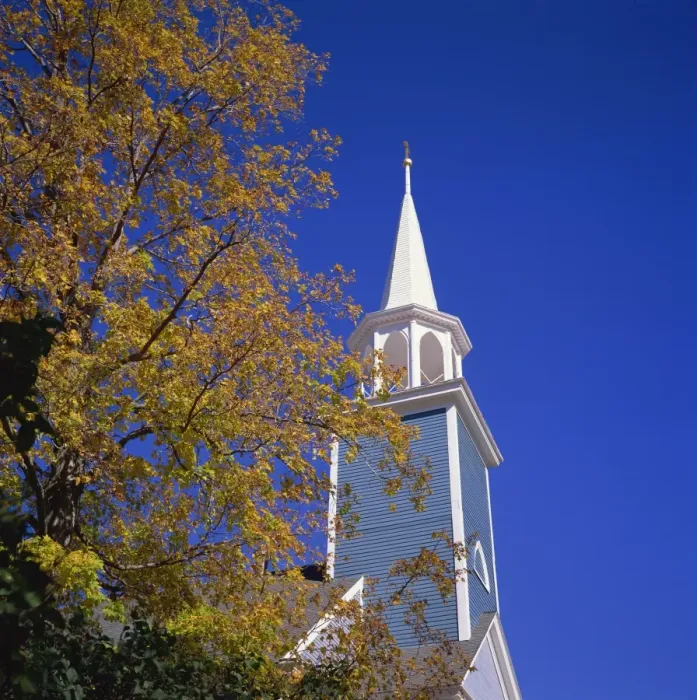Framed Print : Trees in fall colours and wooden church spire at Wiscasset Framed Print : Trees in fall colours and wooden church spire at Wiscasset