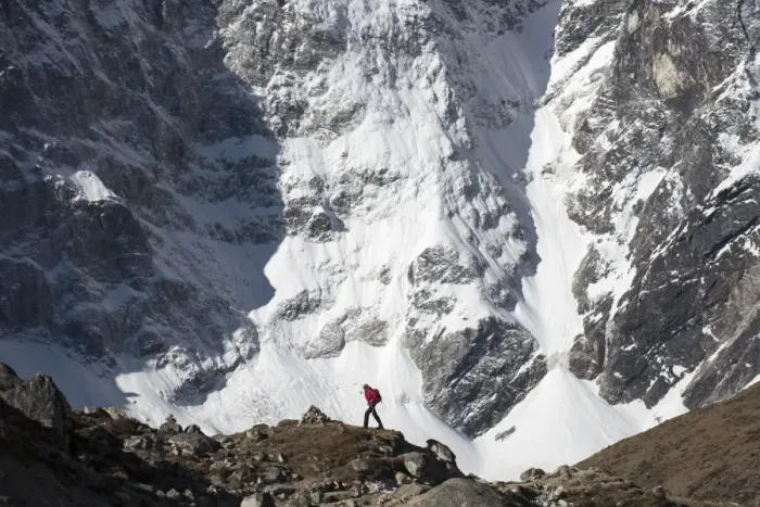Framed Print : A trekker in the Everest region on the way up to Everest Base Camp walking in front of Cholatse Framed Print : A trekker in the Everest region on the way up to Everest Base Camp walking in front of Cholatse