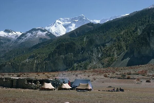 Trekkers camp in the Manang Valley in the Annapurna Range