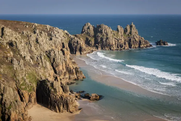 Framed Print : Treryn Dinas and Logan Rock across the beautiful sandy beach at Pedn Vounder, Cornwall Framed Print : Treryn Dinas and Logan Rock across the beautiful sandy beach at Pedn Vounder, Cornwall