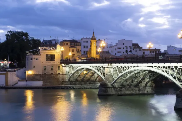 Framed Print : The Triana Bridge (Puente de Triana) (Puente de Isabelle II) at twilight, Seville Framed Print : The Triana Bridge (Puente de Triana) (Puente de Isabelle II) at twilight, Seville