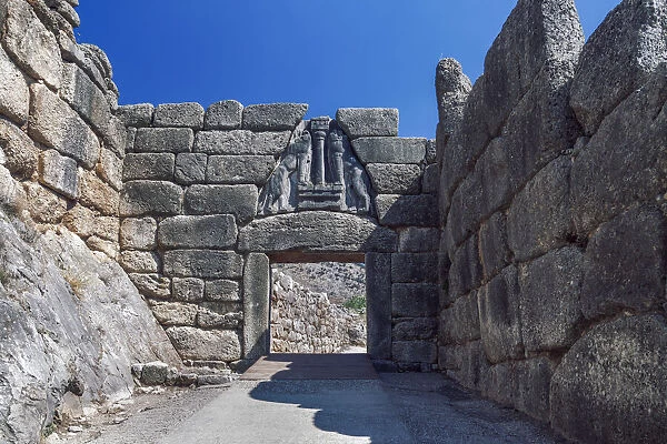 Triangle shaped Lions Gate, the entrance to the ancient citadel, Mycenae, UNESCO World Heritage Site, Peloponnese, Greece, Europe