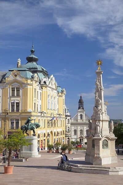 Trinity Column and Town Hall in Szechenyi Square, Pecs, Southern Transdanubia, Hungary, Europe