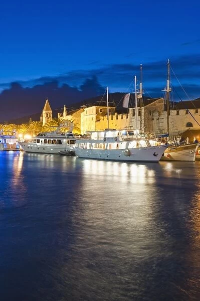 Trogir town with boats in the harbour at night, Dalmatian Coast, Adriatic, Croatia, Europe