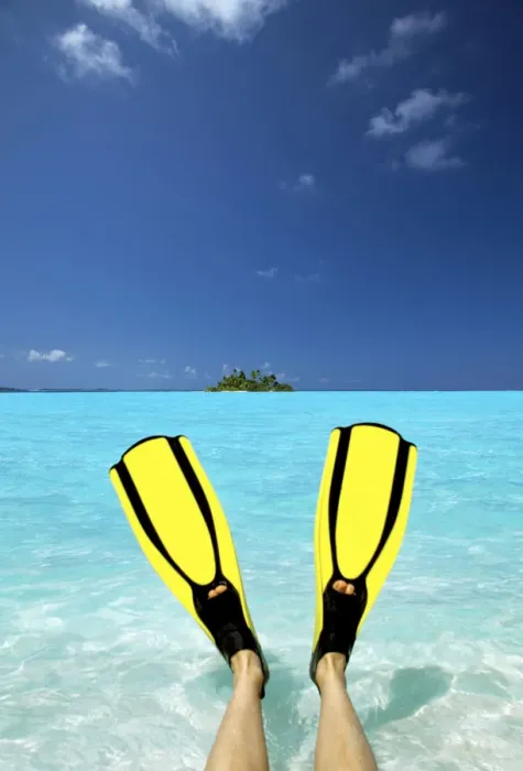 Framed Print : Tropical island and person wearing flippers sitting in sea, Maldives, Indian Ocean, Asia