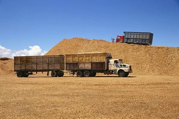 Trucks and trailers at the wood chip stocks at the port awaiting export at Puerto Montt in the Lake District of Chile