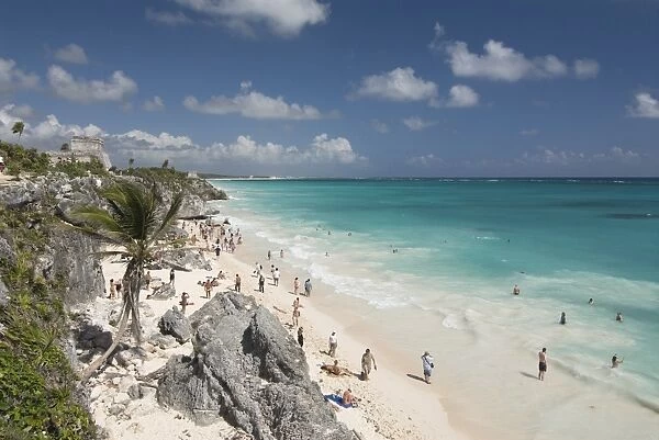 Tulum Beach, with El Castillo (the Castle) at the Mayan ruins of Tulum in the background