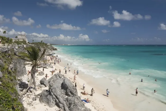 Framed Print : Tulum Beach, with El Castillo (the Castle) at the Mayan ruins of Tulum in the background Framed Print : Tulum Beach, with El Castillo (the Castle) at the Mayan ruins of Tulum in the background