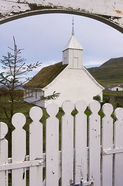 Turf-roofed church at Husavik, Sandoy, Faroe Islands (Faroes), Denmark, Europe