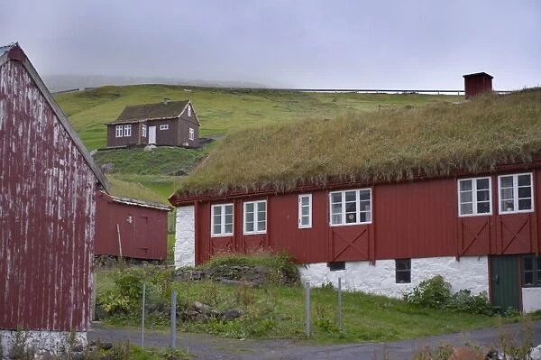 Turf-roofed timber houses at Elduvik, Eysturoy, Faroe Islands (Faroes), Denmark, Europe