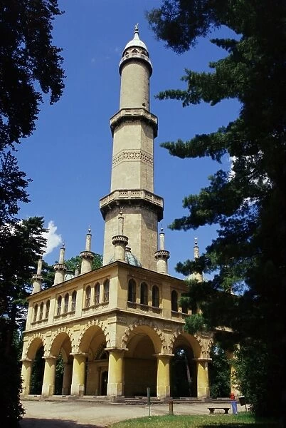 Turkish style minaret in chateau gardens, Lednice, UNESCO World Heritage Site