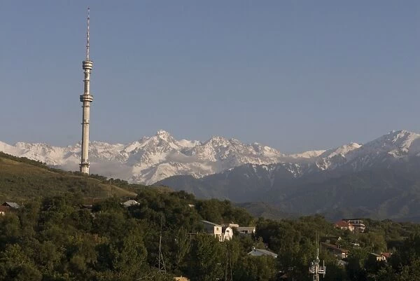 The TV tower in front of the Alatau mountain range, Alma Ata, Kazakhstan