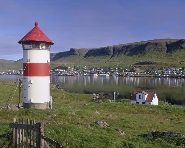 Tvoroyri village and lighthouse, Suduroy, Suduroy Island, Faroe Islands (Faroes)