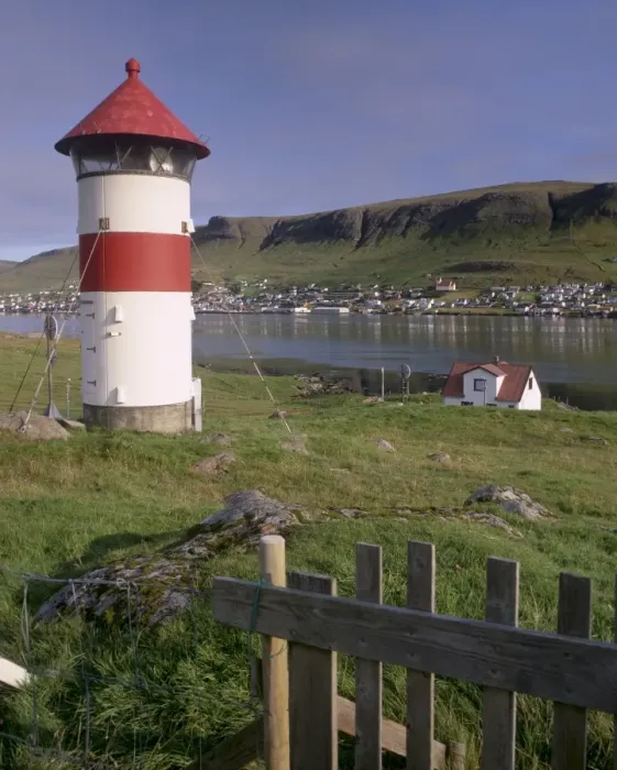 Framed Print : Tvoroyri village and lighthouse, Suduroy Island, Faroe Islands (Faroes), Denmark, Europe