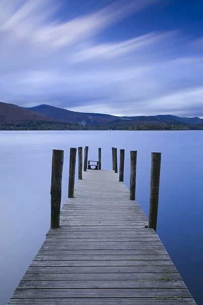 Twilight descends over the Watendlath jetty on Derwent Water, Lake District National Park