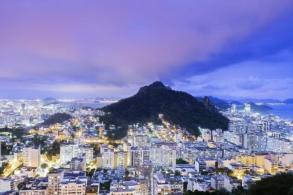 Twilight, illuminated view of Copacabana, the Morro de Sao Joao, Botafogo and the