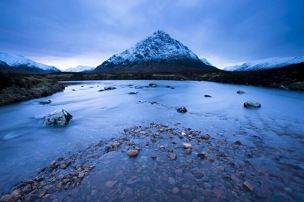 Twilight view of Buachaille Etive Mor and the River Etive, Rannoch Moor
