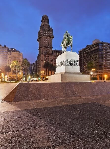 Twilight view of Independence Square, Montevideo, Uruguay, South America