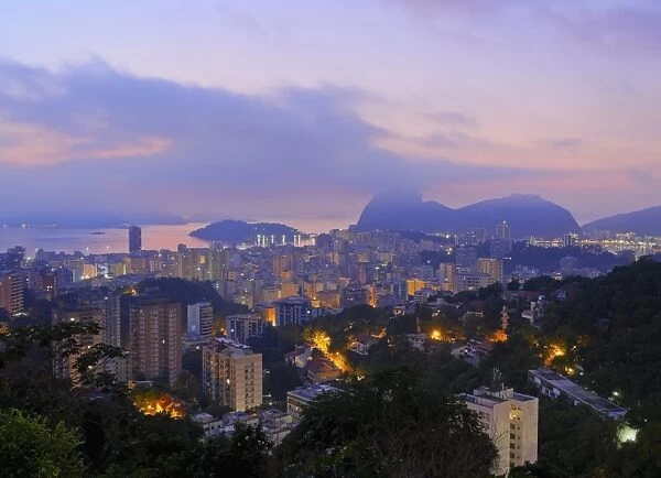 Twilight view over Laranjeiras towards Sugarloaf Mountain, Pereira da Silva, Rio de Janeiro