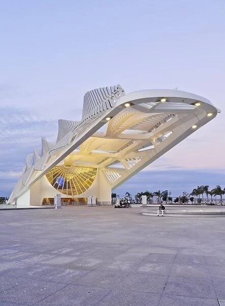 Twilight view of the Museum of Tomorrow (Museu do Amanha) by Santiago Calatrava, Praca Maua