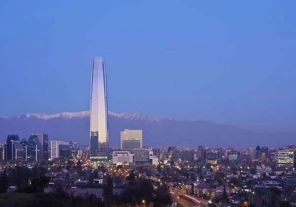 Twilight view from the Parque Metropolitano towards the high rise buildings and Costanera