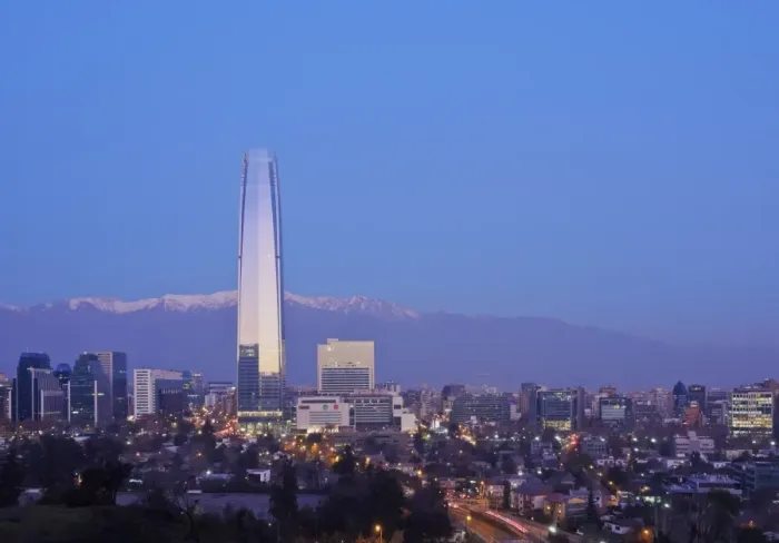 Framed Print : Twilight view from the Parque Metropolitano towards the high rise buildings and Costanera Framed Print : Twilight view from the Parque Metropolitano towards the high rise buildings and Costanera